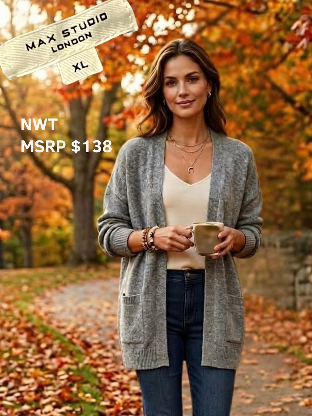 NWT MAX STUDIO LONDON Women’s Heathered Gray Knit Open Front Cardigan XL Grey